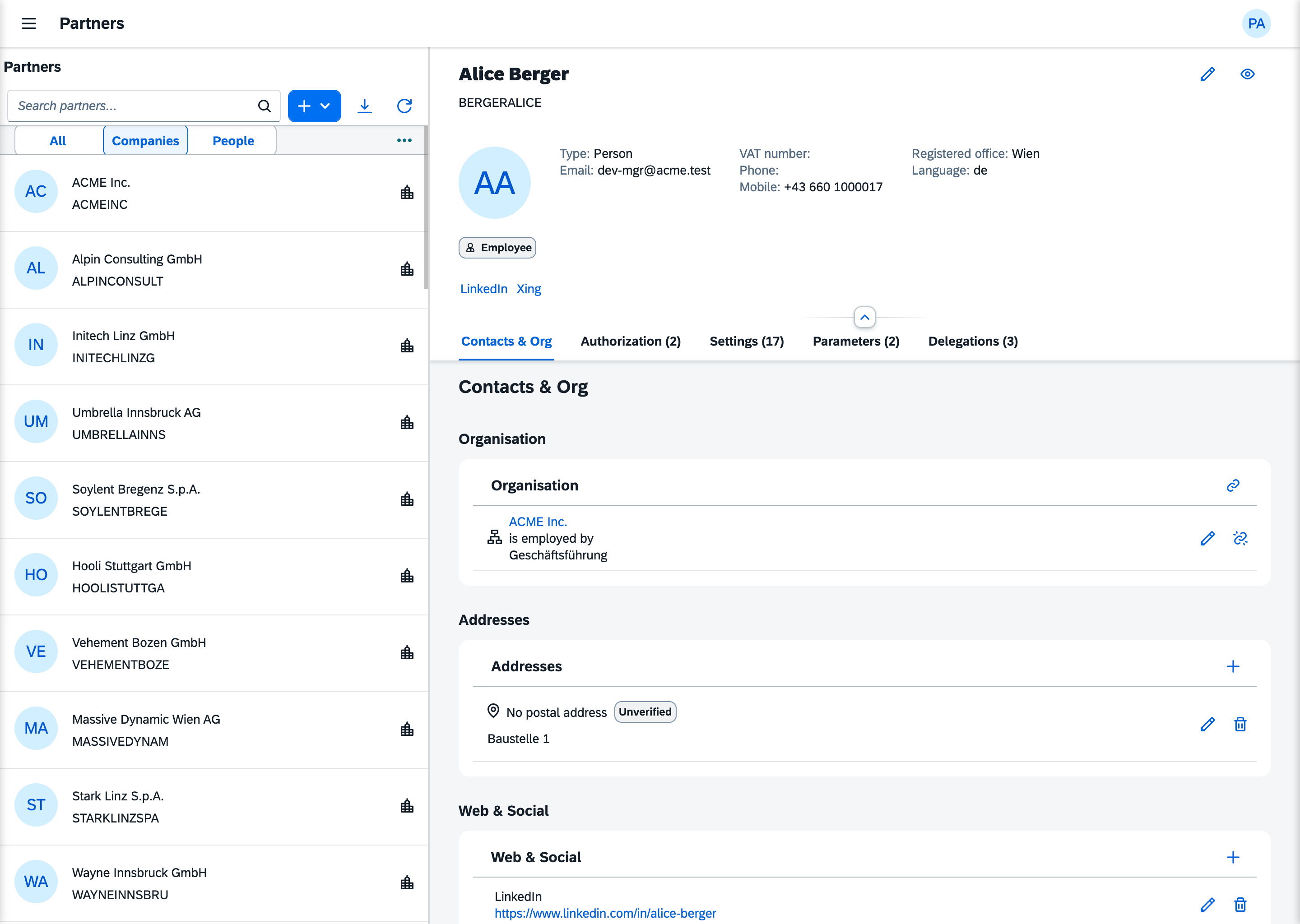 The Partners app: companies in a master list on the left, a person's object page on the right with tabs for contacts, authorization, settings, parameters and delegations.