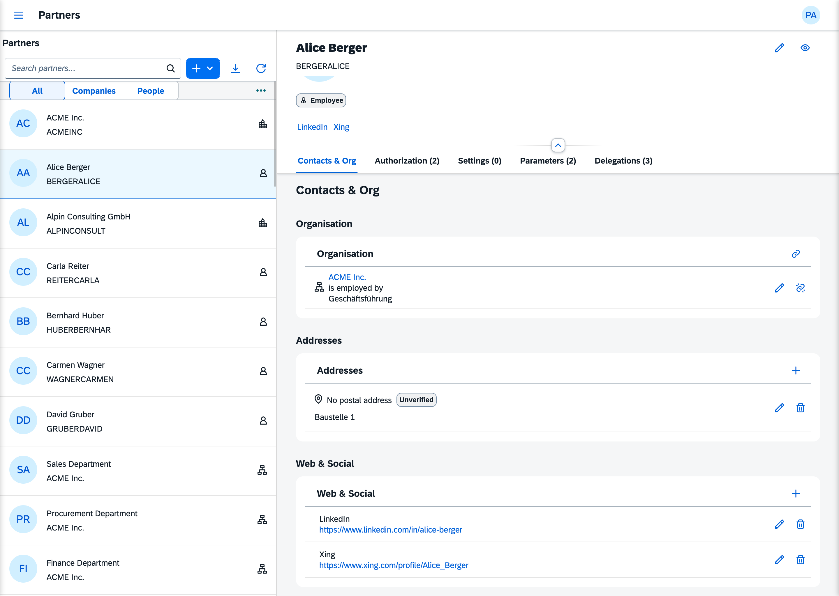 A partner object page: identity header with type, contact details and registered office, then the contacts, organisation and address sections.