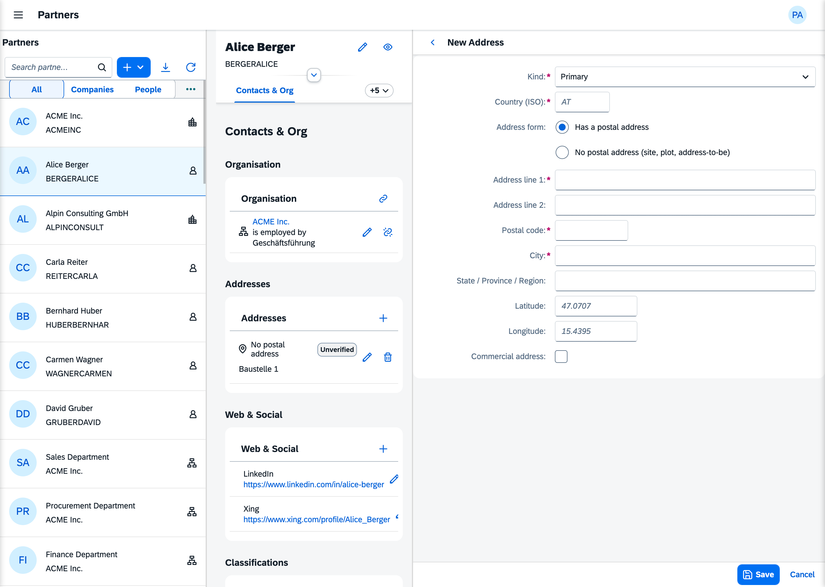 The address form in the Partners app, adding a postal address to a partner.