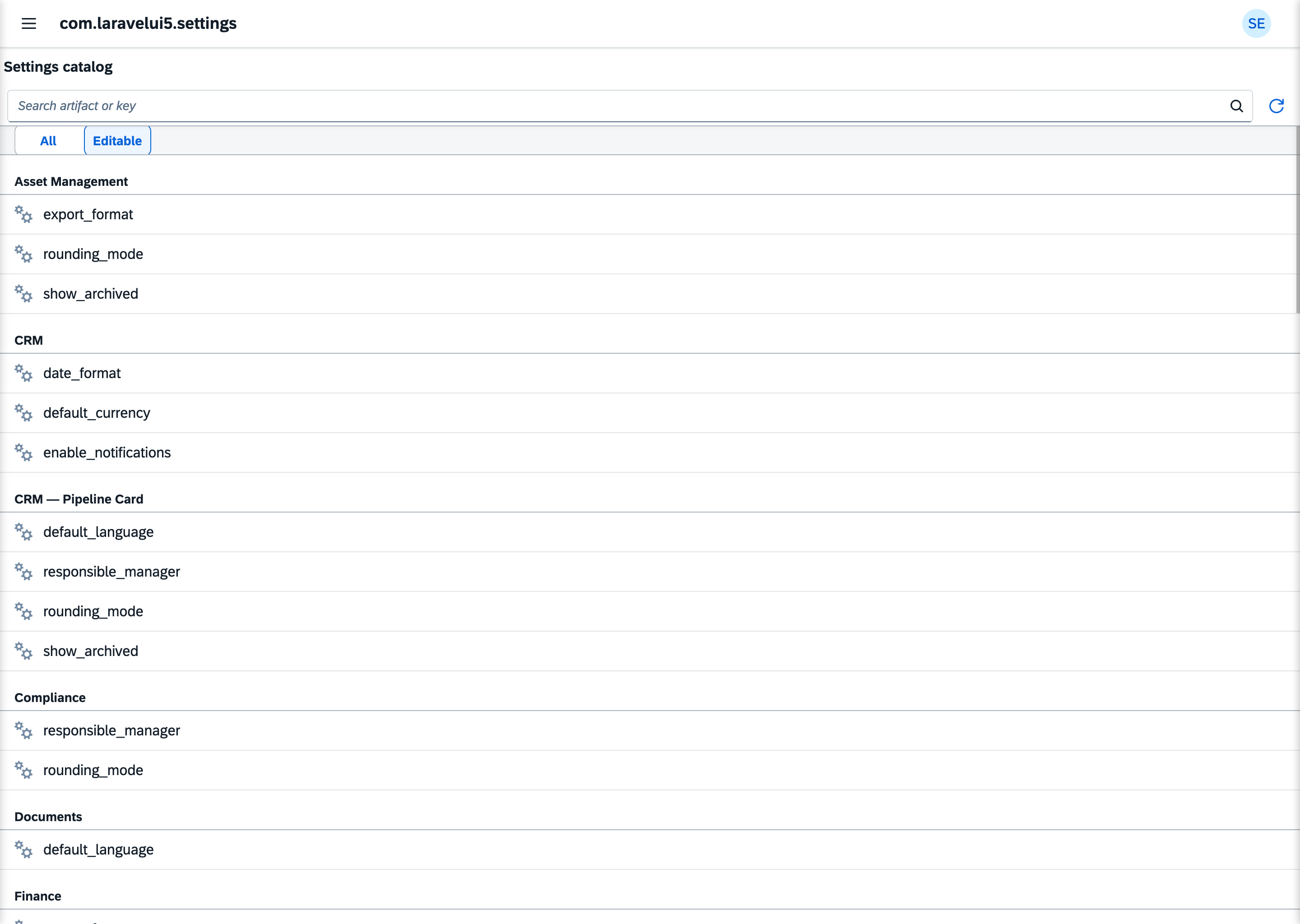 The settings catalog grouped by the artifact that declares each setting, with an All/Editable filter.