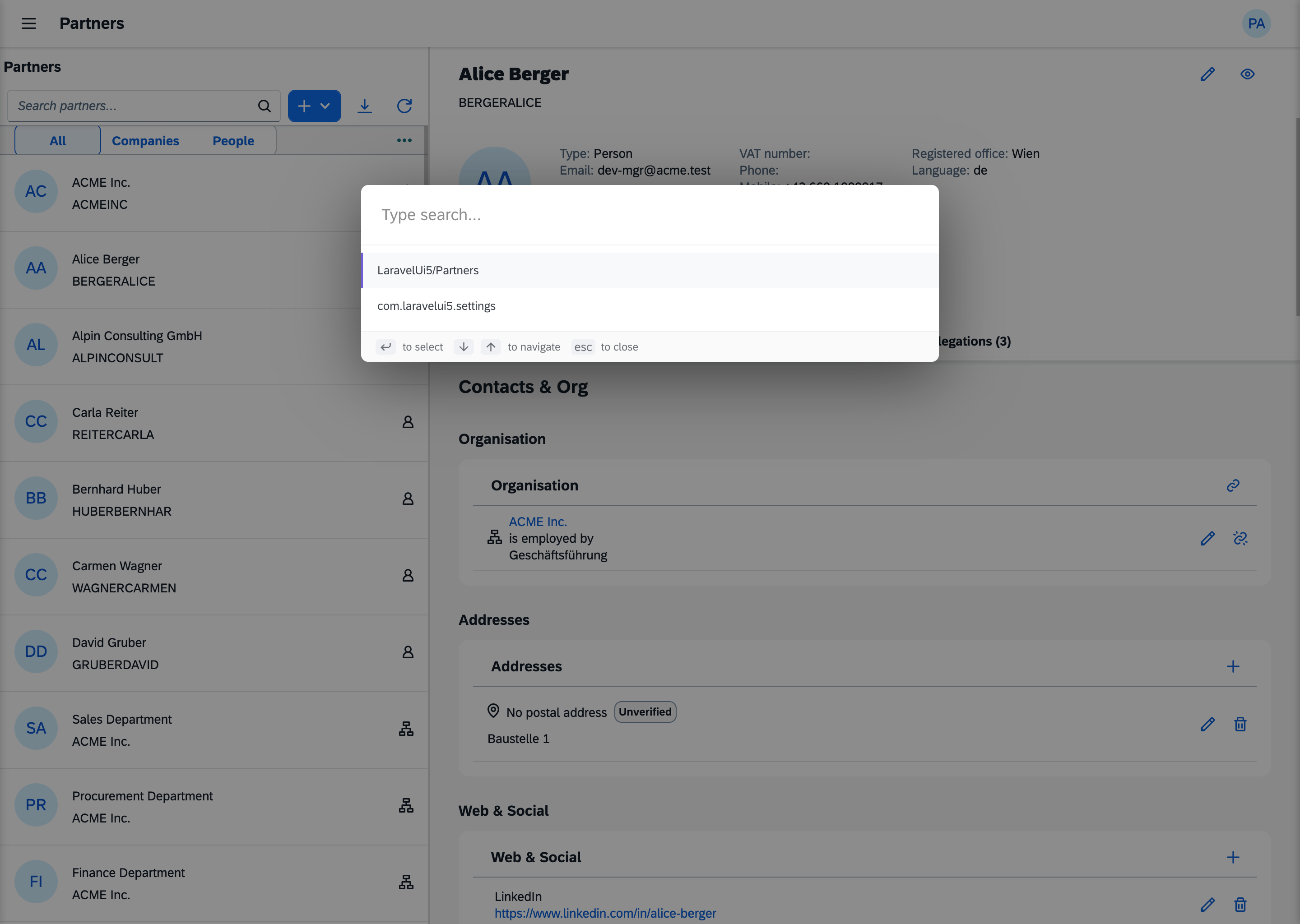 The command palette open over the Partners app, listing the artifacts the actor may open.