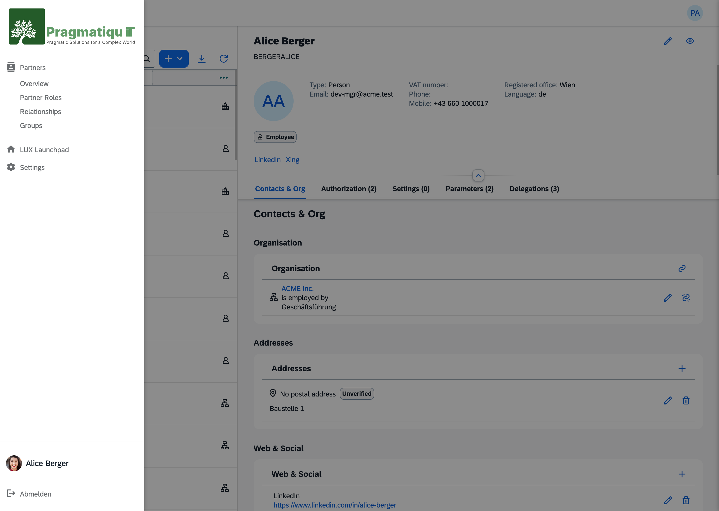 The LeanShell navigation drawer open over the Partners app, showing the host's own branding, the Partners group with four entries, the Launchpad and Settings, and the signed-in actor at the foot.